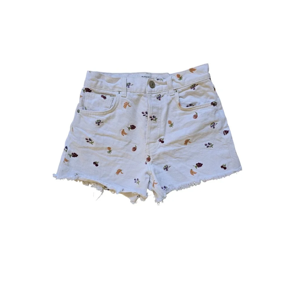 Reformation Charlie Fruitloops High Rise White Denim Fruit Embroidered Shorts 24